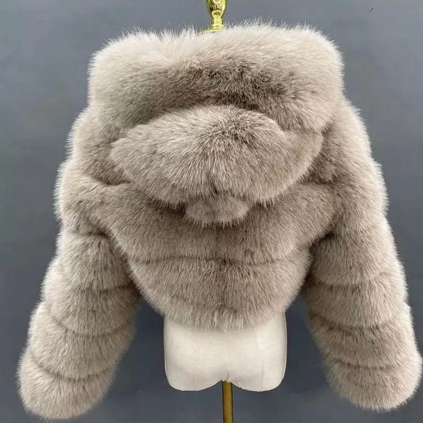 Premium Cropped Hooded Faux Fur Jacket