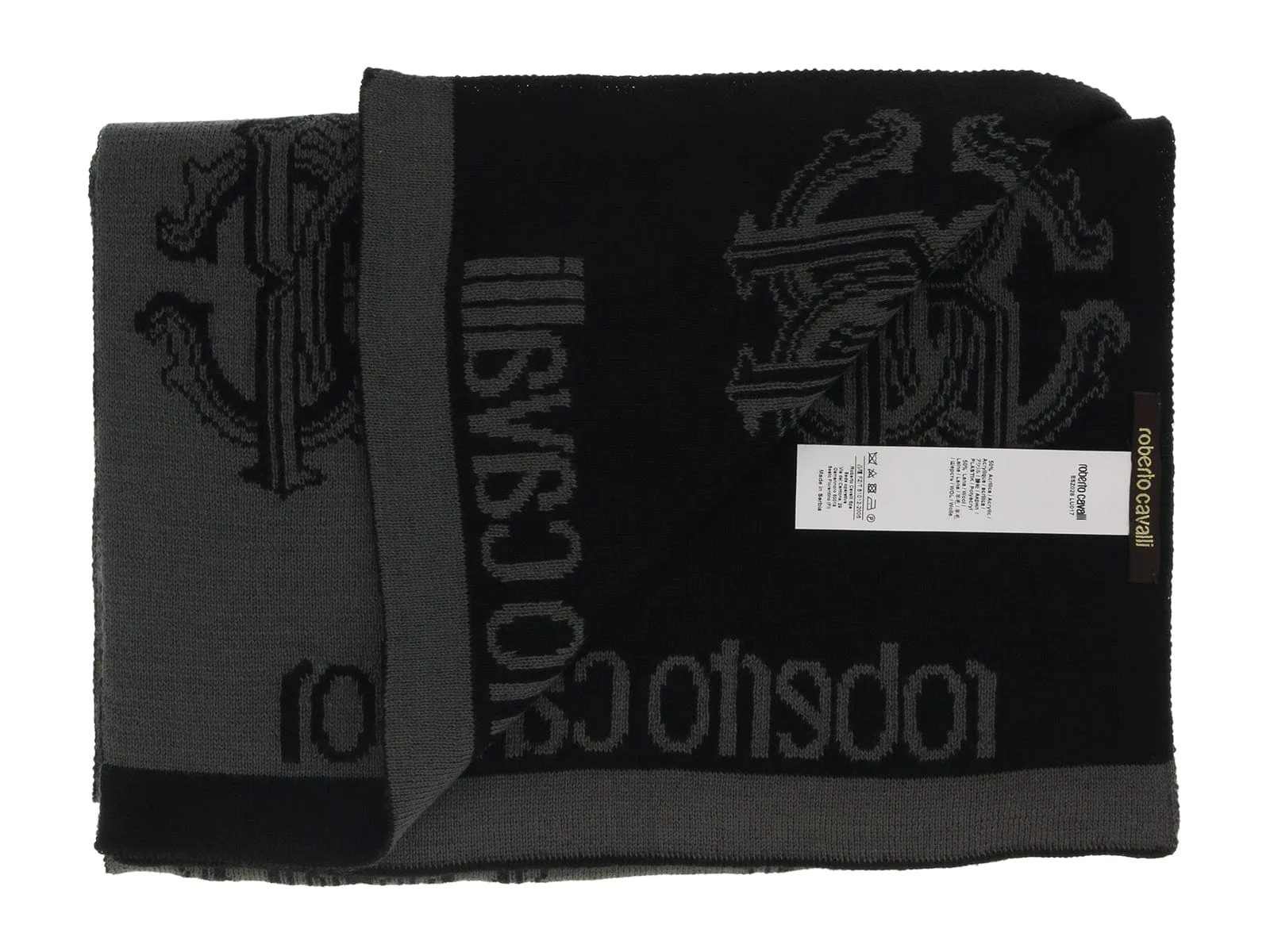 Roberto Cavalli ESZ028 05001 Grey Wool Blend Logo Mens Scarf