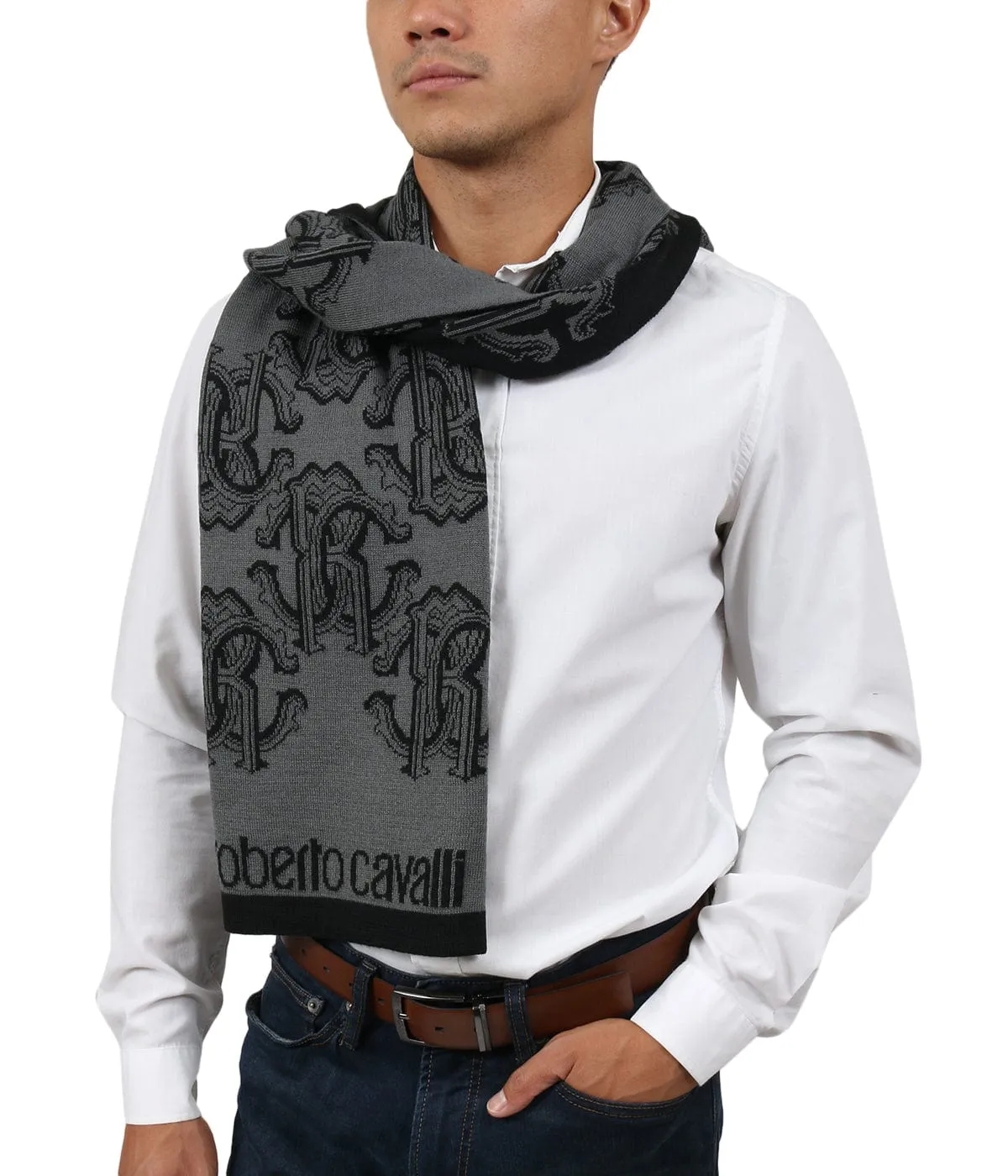 Roberto Cavalli ESZ028 05001 Grey Wool Blend Logo Mens Scarf