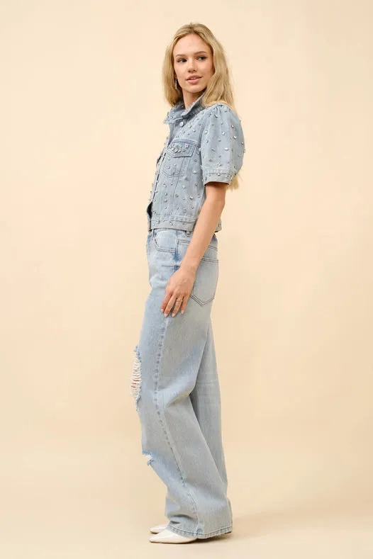 Short Sleeve Denim Rhinestone Shirt Jacket