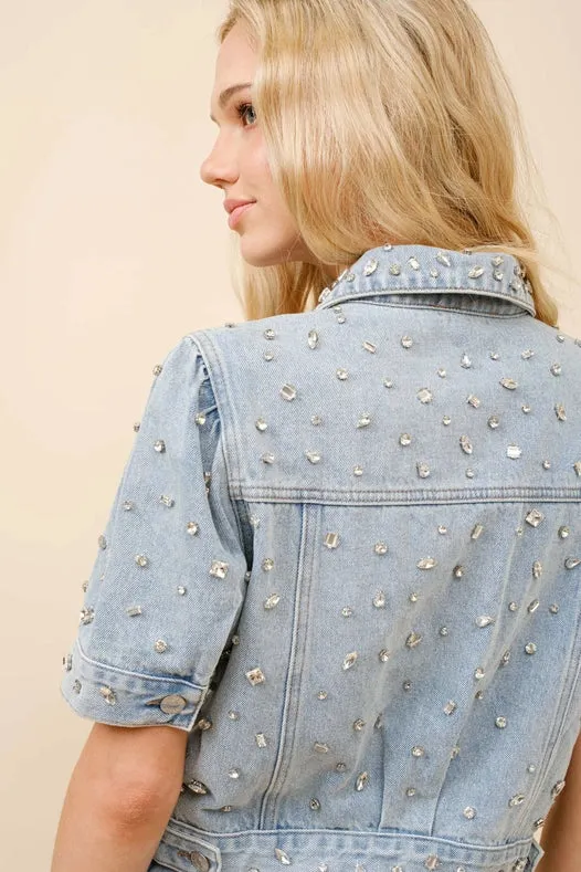 Short Sleeve Denim Rhinestone Shirt Jacket