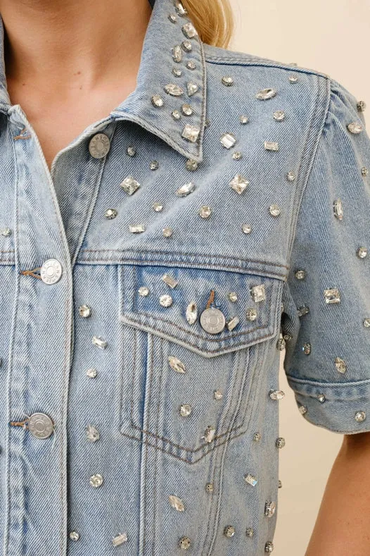 Short Sleeve Denim Rhinestone Shirt Jacket
