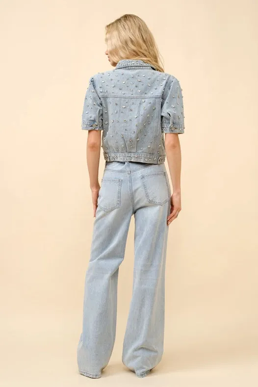 Short Sleeve Denim Rhinestone Shirt Jacket