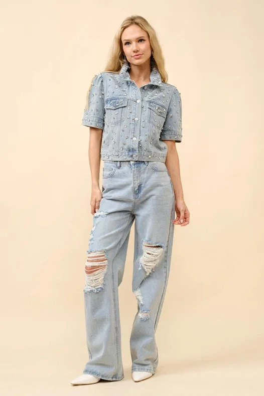 Short Sleeve Denim Rhinestone Shirt Jacket