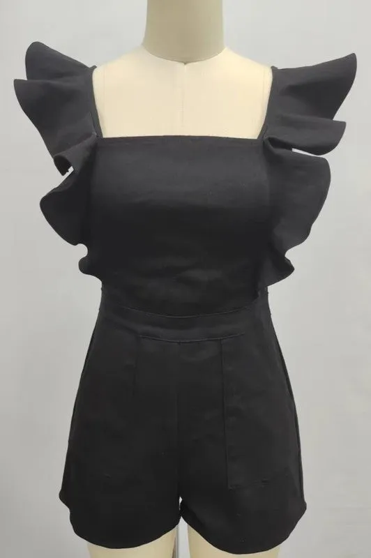 Stretch Denim Romper With Ruffle Details
