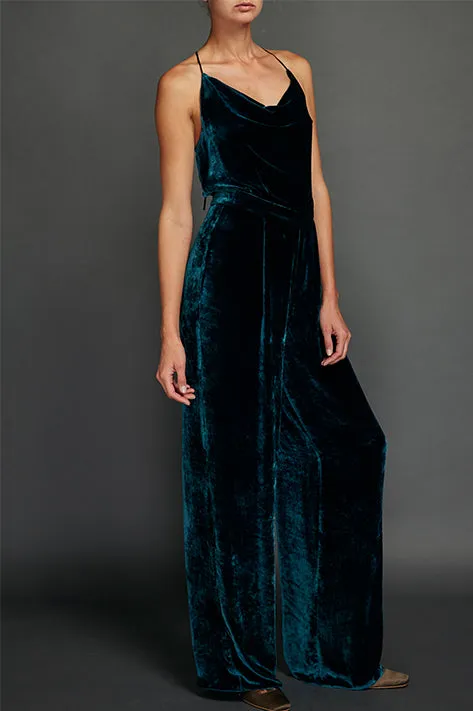 Teal Vintage Velvet Cowl Neck Jumpsuit