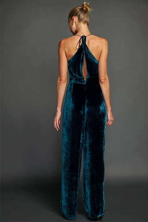 Teal Vintage Velvet Cowl Neck Jumpsuit