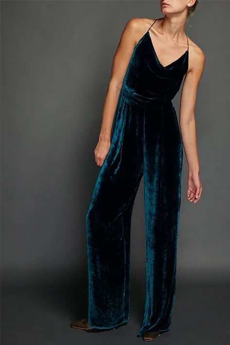 Teal Vintage Velvet Cowl Neck Jumpsuit