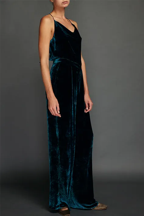 Teal Vintage Velvet Cowl Neck Jumpsuit