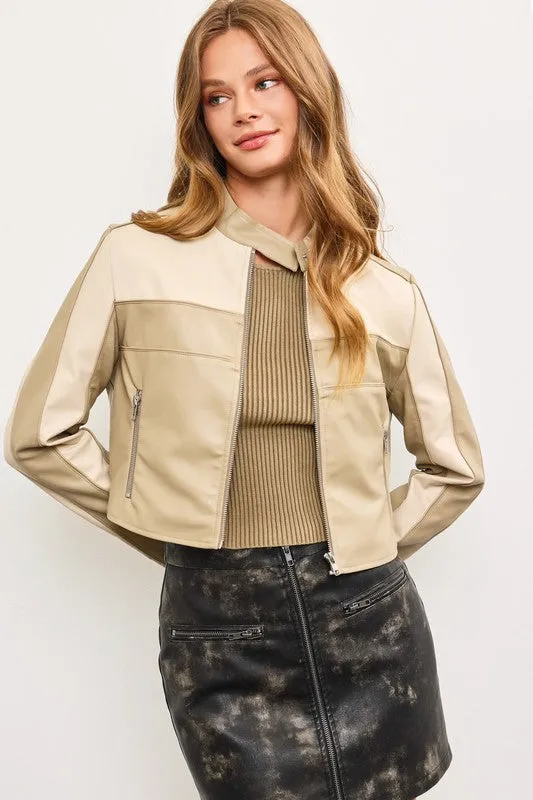 Tracie Vegan Leather Cropped Color Block Moto Jacket Taupe
