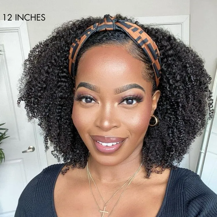 Weekly Special | Natural Black Jerry Curly No Lace Glueless Free Part Long Headband Wig 100% Human Hair (Get Free Trendy Headbands)