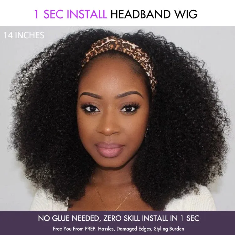 Weekly Special | Natural Black Jerry Curly No Lace Glueless Free Part Long Headband Wig 100% Human Hair (Get Free Trendy Headbands)